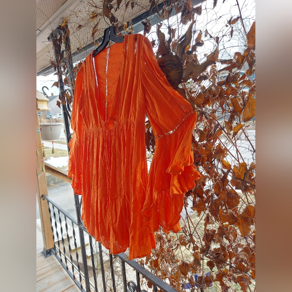 🏵|Free People Boho Tunic Dress | Size Small | Coral Peach | Butterfly Sleeve|🦋